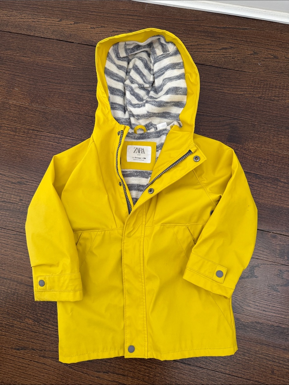 ZARA Yellow Hooded Kids' Rain Jacket with Striped Lining